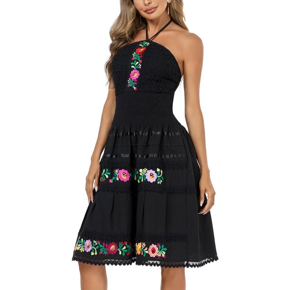 Women’s Black Cotton Halter Flowy Mini Dress for Casual Summer Events